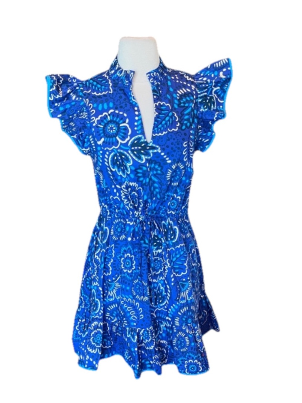 Avara Sloane Bright Blue Dress Flutter Sleeve Drawstring Cinched Waist Mini New